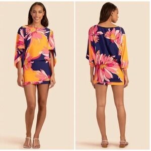 Trina Turk Breeze Swim Cover Dress Floral Tunic Pink Orange Blue Size